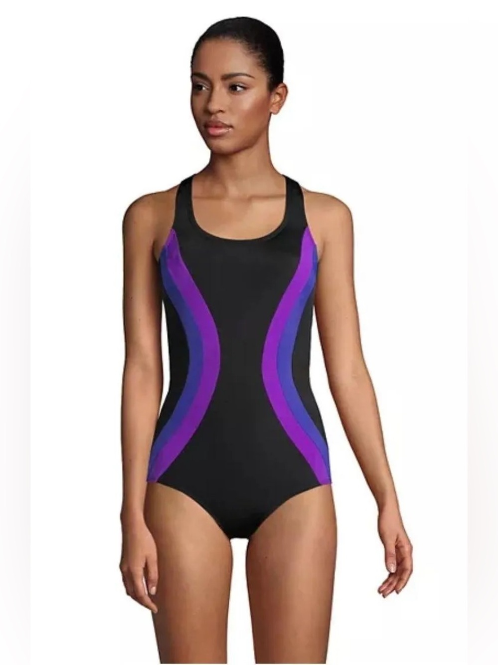 NWOT Lands’ End Black Purple Side Stripe Colorblock Black One Piece Swimsuit 10D
